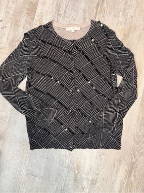 LOFT Black and White Geometric Button-Front Cardigan